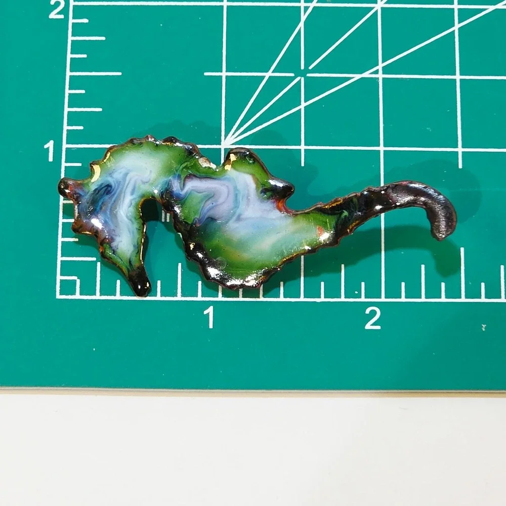 Vintage Swirl Blue Green Enamel Over Metal Seahorse Brooch Pin Ocean Marine Life